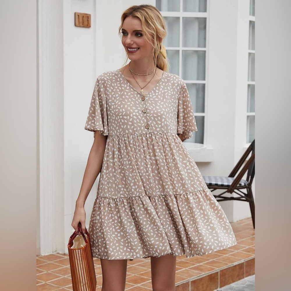 SHEIN Allover Print Flutter Sleeve Buttoned Babydoll Dress
